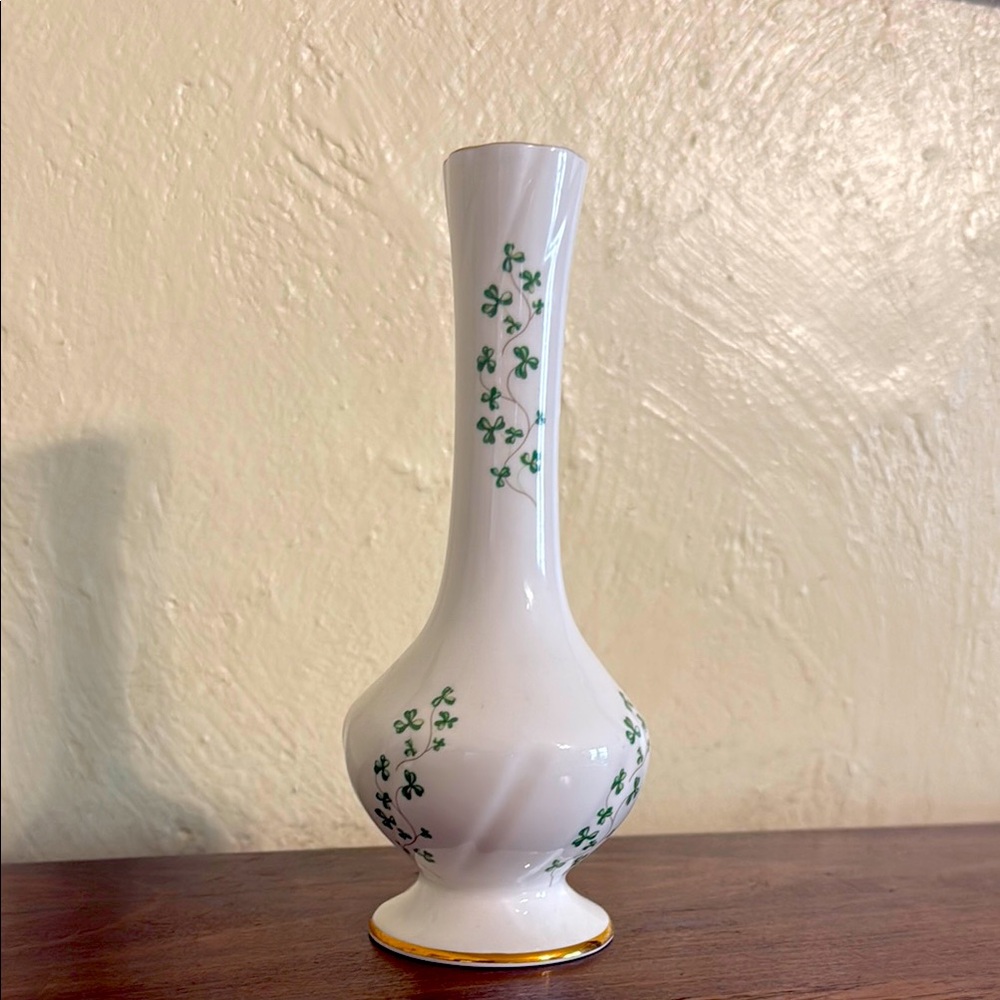 Royal Tara green and white shamrock vase with gold
